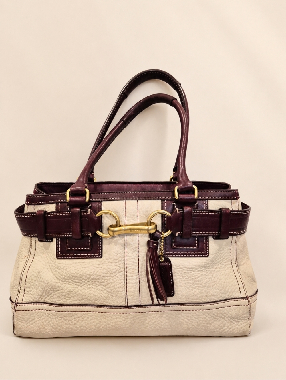 Coach Hamptons Leather Satchel Bag Cream Ivory Brown Trim Horsebit Buckle Tote
